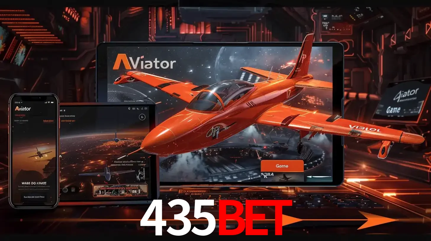 Apresentação tecnológica do jogo Aviator com um avião saindo da tela de um tablet, demonstrando a experiência imersiva em múltiplos dispositivos no 435BET.