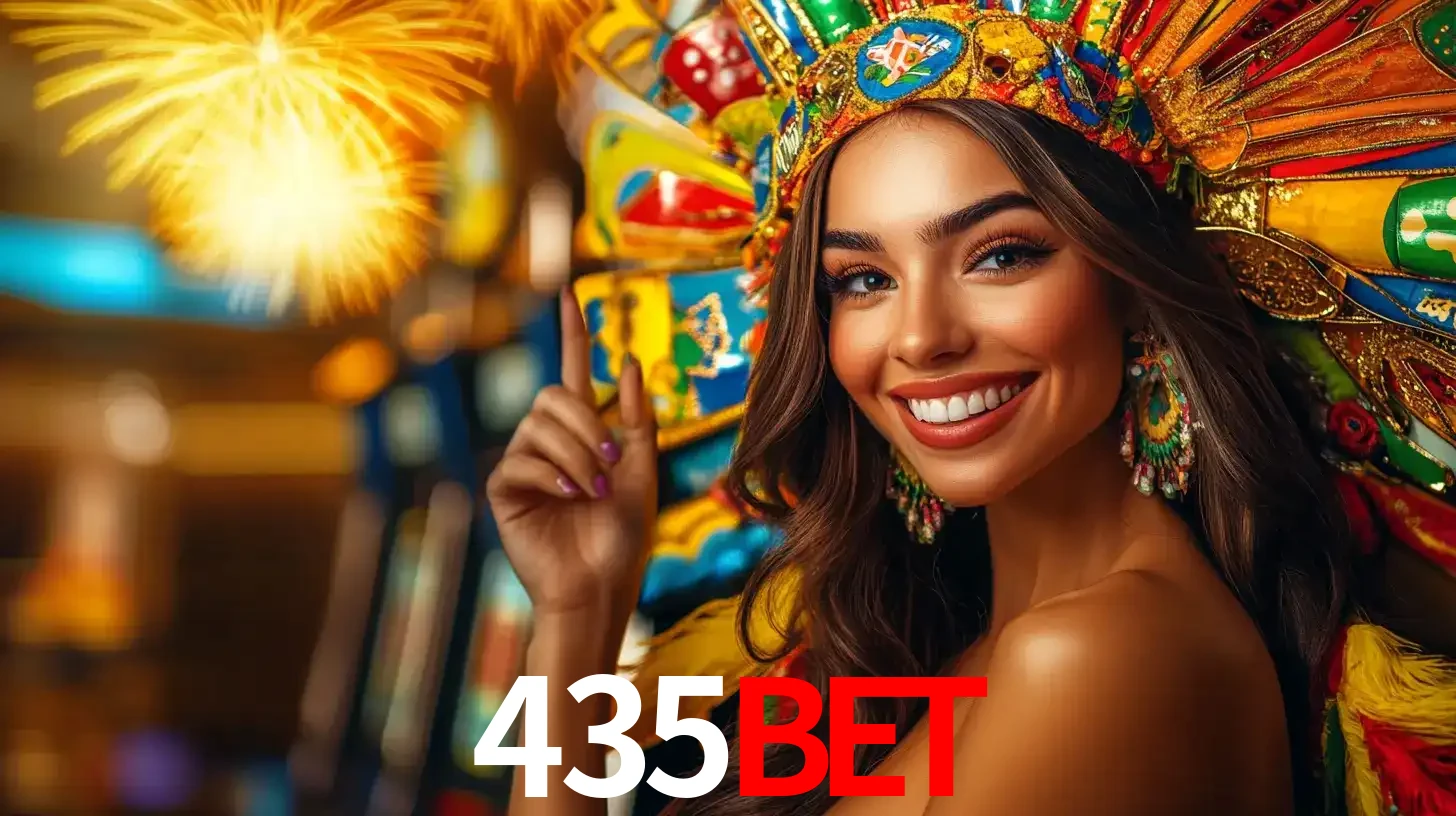 Mulher sorridente com um cocar de carnaval vibrante e colorido, celebrando uma grande vitória nos jogos do cassino 435BET com fogos de artifício ao fundo.