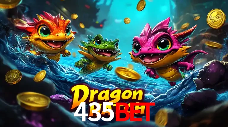 Arte promocional do jogo Dragon Hatch com três adoráveis dragões bebês nadando entre moedas de ouro, um dos slots mais divertidos para jogar no cassino 435BET.