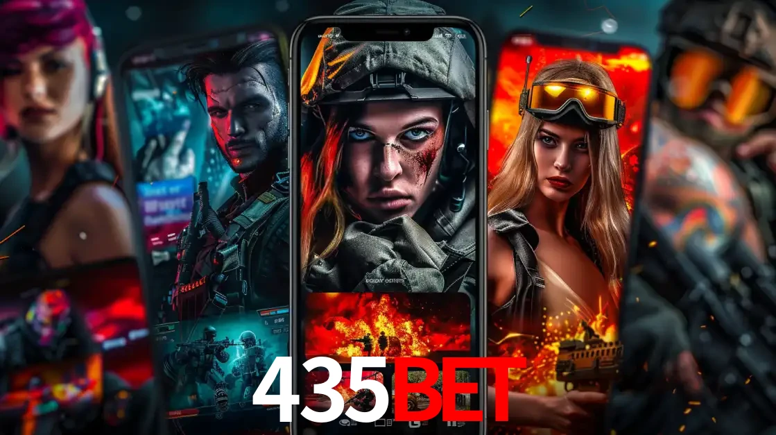 Montagem de telas de celular mostrando diversos personagens, masculinos e femininos, de um jogo de tiro, ilustrando a diversidade de equipes de e-sports para apostar no 435BET.