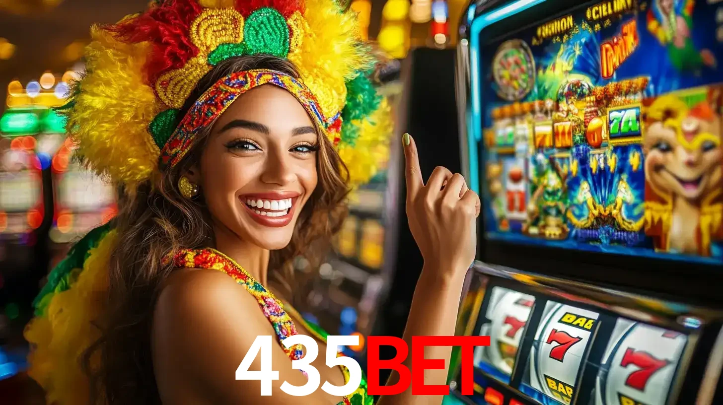 Mulher animada com um cocar de carnaval apontando para uma máquina de caça-níqueis, mostrando a emoção de ganhar um grande prêmio nos jogos do 435BET.
