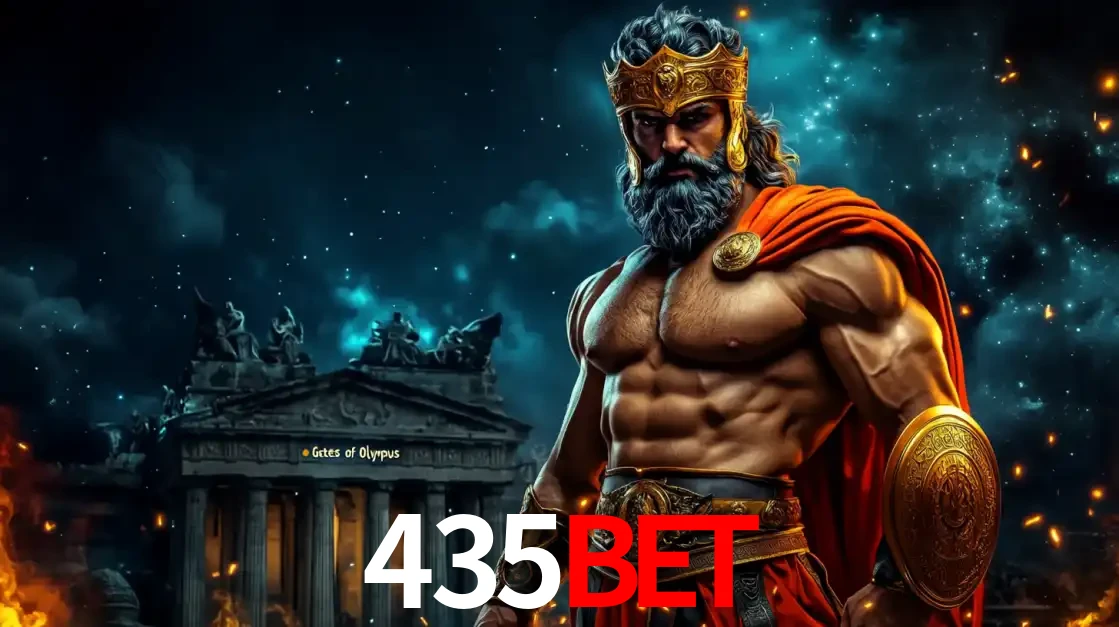 O poderoso Zeus do jogo de slot Gates of Olympus em frente ao seu templo, pronto para lançar multiplicadores divinos e prêmios épicos no cassino online 435BET.