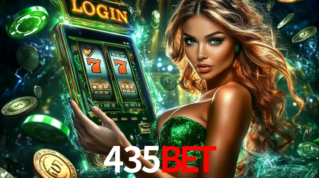 Mulher com tema verde apresentando o aplicativo do cassino 435BET com um jogo de slot de 777, cercada por fichas de cassino e uma aura de sorte.