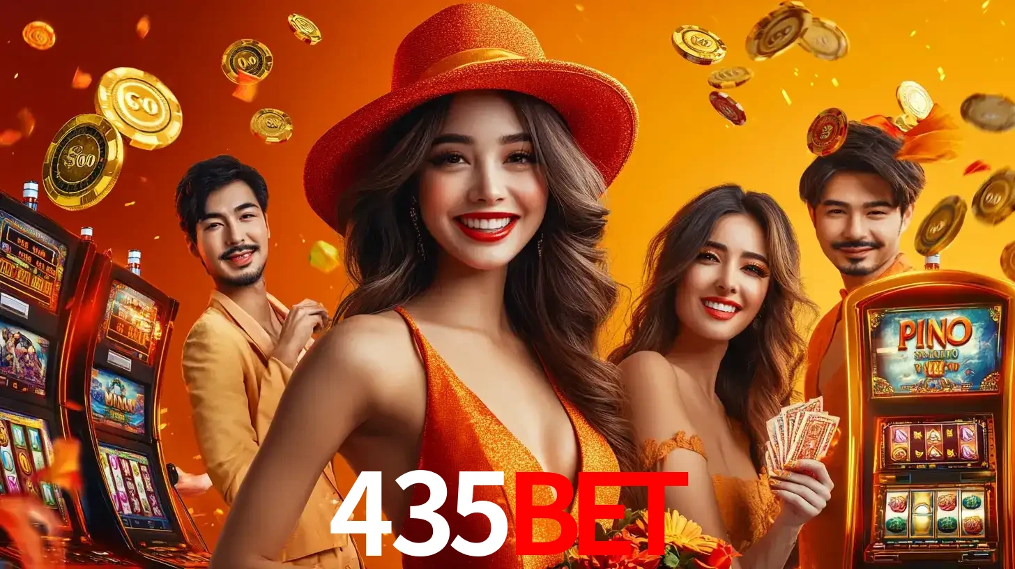 Grupo de amigos asiáticos sorrindo e se divertindo com máquinas de caça-níqueis em um ambiente festivo, celebrando suas vitórias nos jogos de cassino do 435BET.