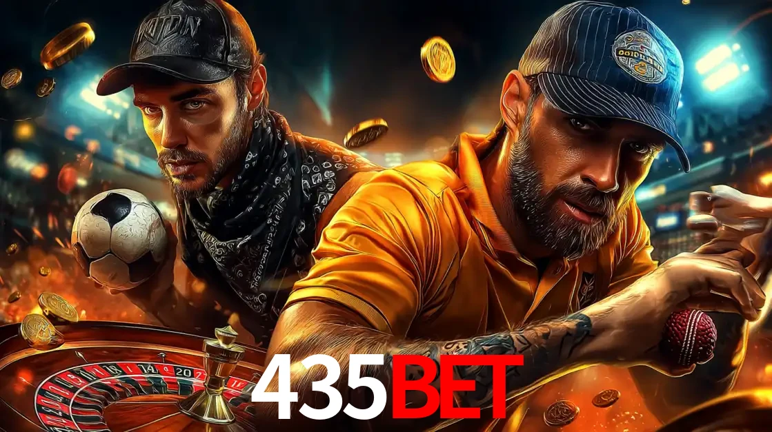 Montagem de apostas esportivas e cassino no 435BET, com um homem segurando uma bola de futebol e outro uma de beisebol sobre uma roleta e moedas voadoras.