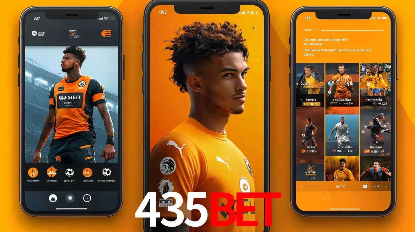 Interface do aplicativo de apostas esportivas 435BET em três telas de celular, mostrando o perfil de um jogador de futebol e a lista de jogos disponíveis para apostar.
