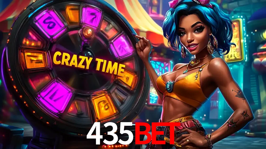 Mulher estilizada com cabelo azul e visual vibrante posando ao lado da roda de prêmios do game show Crazy Time, convidando para a diversão e os bônus do cassino 435BET.