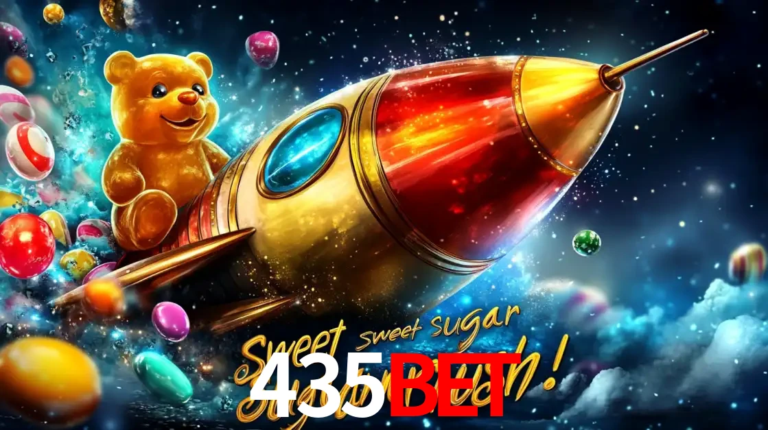 Arte promocional do jogo de slot Sugar Rush, com um urso de pelúcia em um foguete viajando pelo espaço de doces, um dos jogos divertidos disponíveis no cassino 435BET.