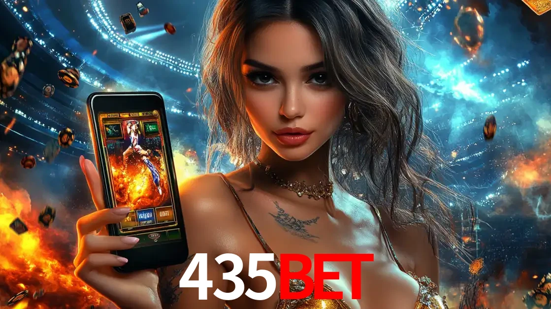 Mulher segurando um celular com um jogo de slot em destaque, tendo como fundo um estádio vibrante, simbolizando a emoção de jogar no cassino móvel 435BET.